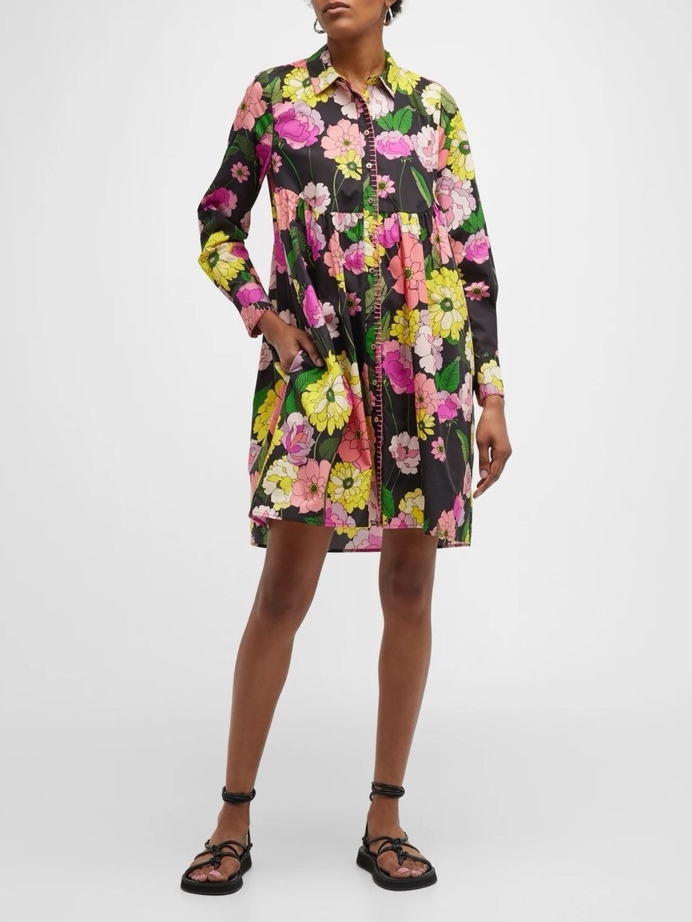 Johnny Was Margarita Mini Shirt Dress with Vibrant Floral Print 100% Cotton